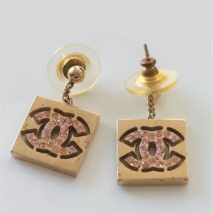Chanel vintage pink rhinestone CC drop earrings